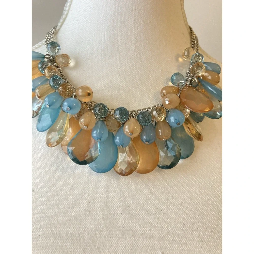 Colorful Acrylic Teardrop Necklace Blue‎ Orange Beaded Bib Collar Romantic